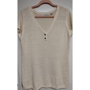 Liz Claiborne Short-Sleeved Long Knit Top V-Neck 2 Button Women's XL Cream Color